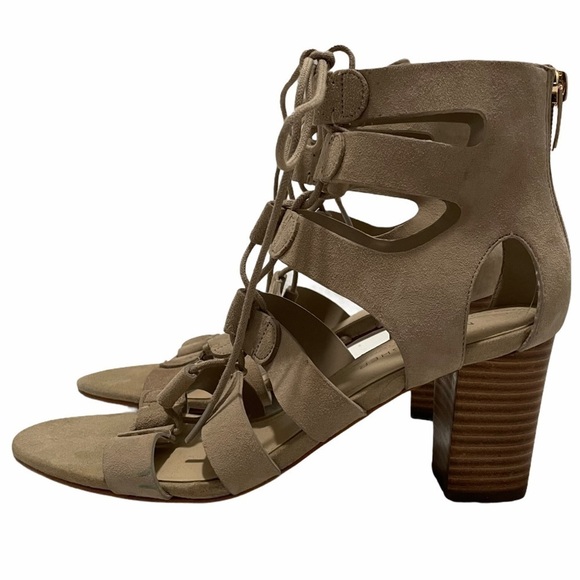 Marc Fisher Paradox Tan Suede Gladiator Lace Up Stacked Block Heel Pump Size 7.5 - Picture 4 of 13